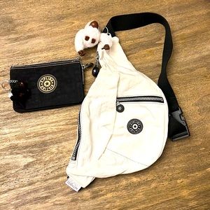 White Kipling side Fanny pack and Black  trifold make up bag